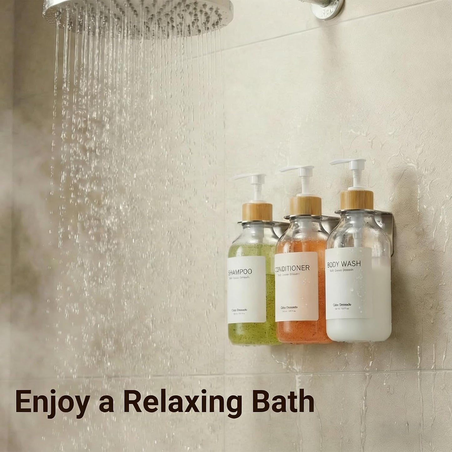 Shampoo and Conditioner Dispenser - Shower Soap Dispenser 3 Chamber No Drill - Bathroom Soap Dispenser Wall Mount Adhesive - Clear PET Bottles with Nature Bamboo Pumps Set Refillable 1500ml