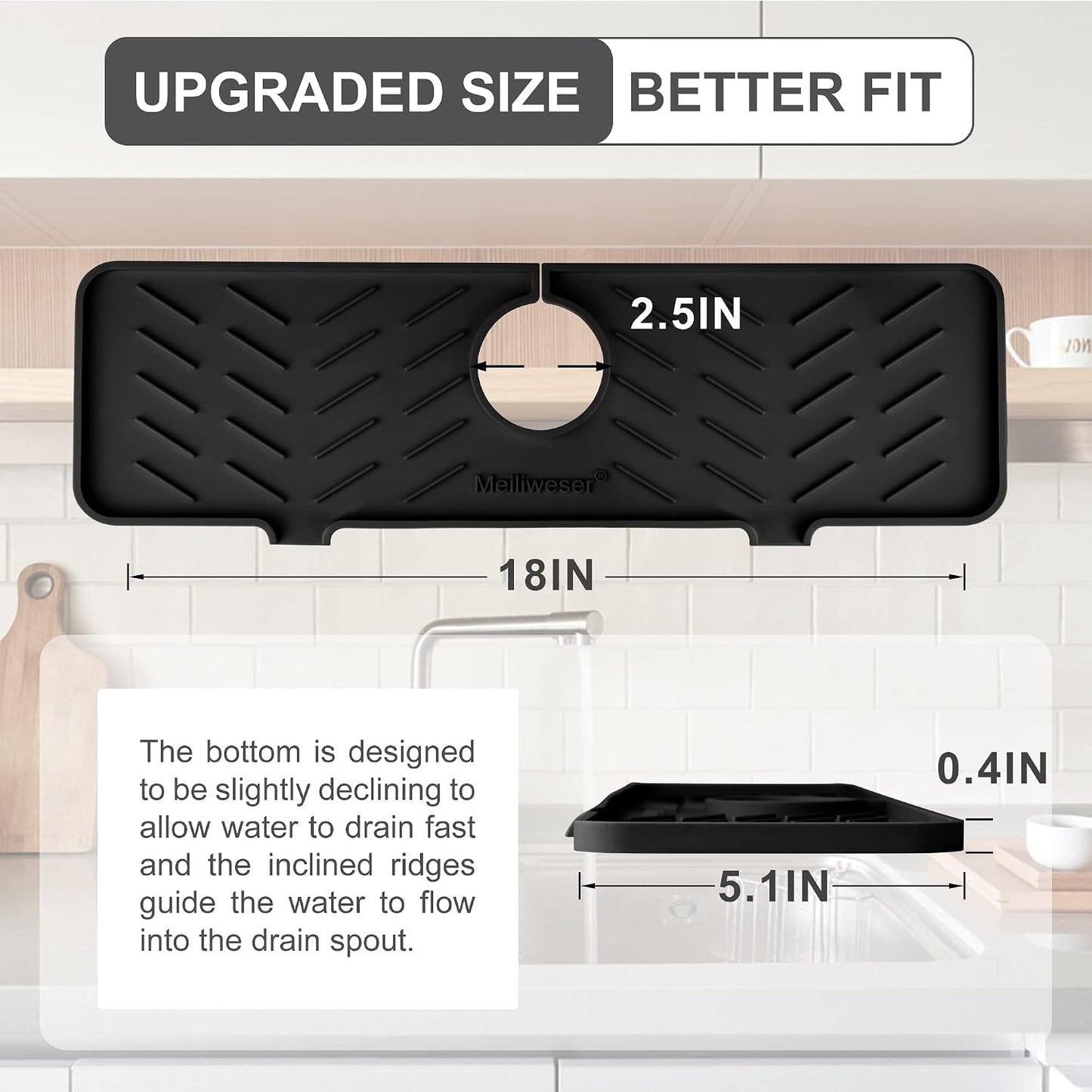 Silicone Faucet Mat for Kitchen Sink – Gen 2 Splash Guard with Upgraded Outlet & Slope – 18” x 5.1” Water Catcher & Sink Sponge Holder for Kitchen and Bathroom (Black)