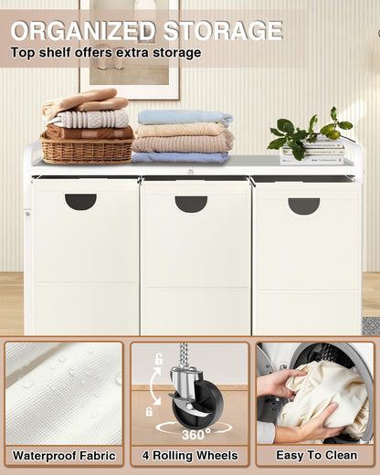Laundry Sorter 3 Section,Laundry Basket with Wheels,3×15.8 Gal (60L) | Laundry Room Organization with Wooden Desktop Shelf,Pull-Out and Removable 900D Oxford Fabric Laundry Bags for Laundry Room
