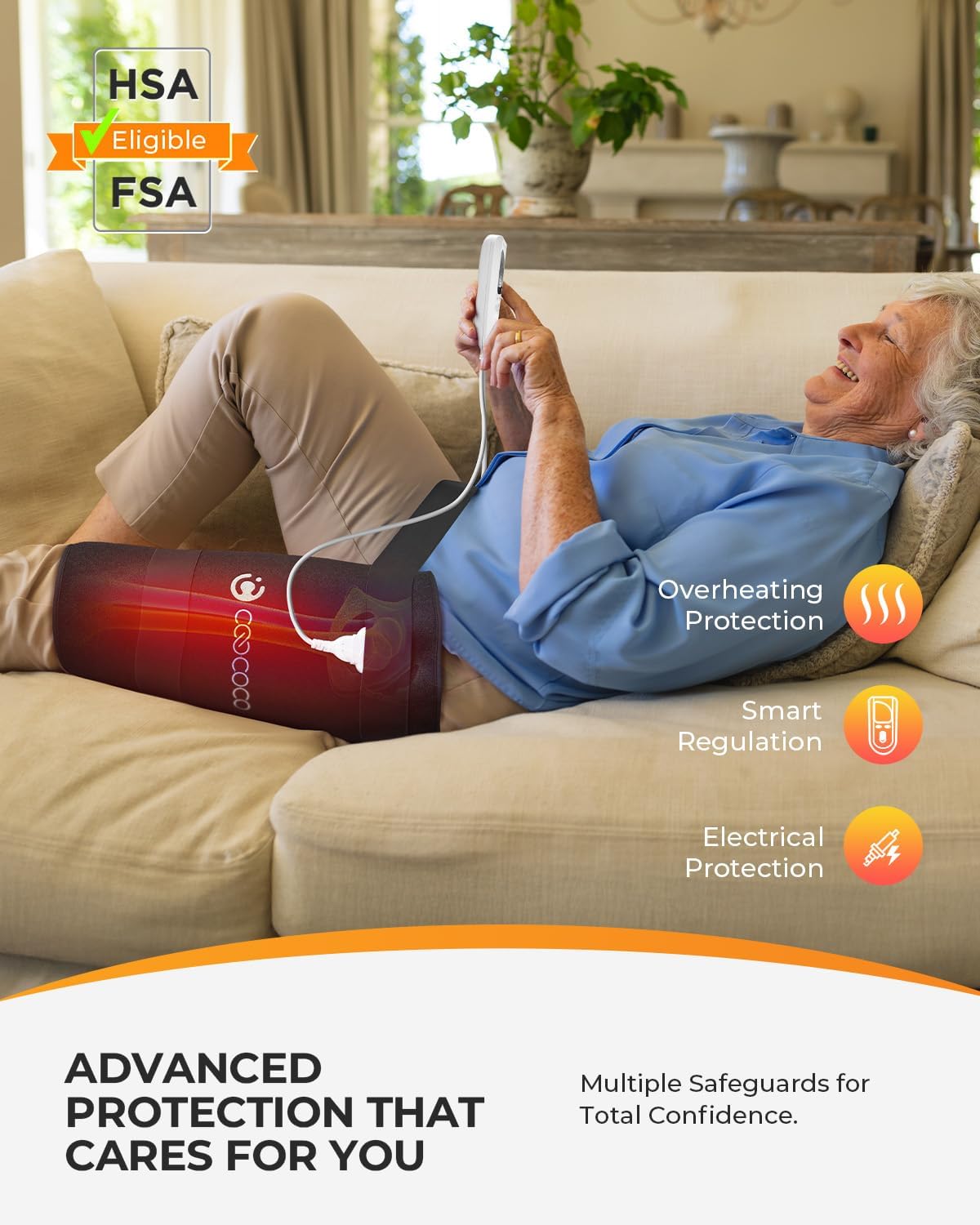 CooCoCo FSA Eligible HSA Hip Heating Pad for Hip and Sciatica Pain Relief | Heated hip brace, 6 heat levels, 4 timers, adjustable wearable fit, soft plush lining for hip, thigh, buttock and lower back