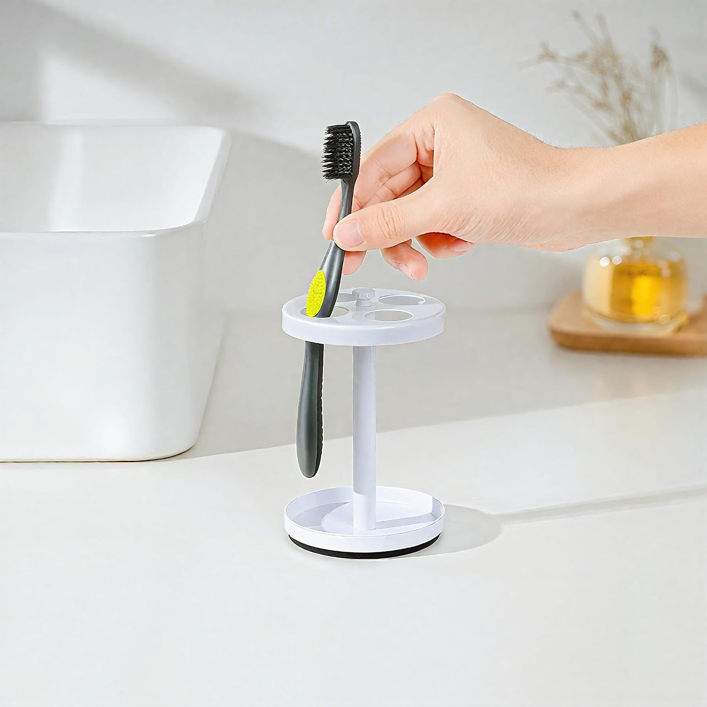 Black Stainless Toothbrush Holder Stand: Rustproof Bathroom Countertop Organizer, 4 Ventilated Slots Hold Manual Toothbrushes, Razor