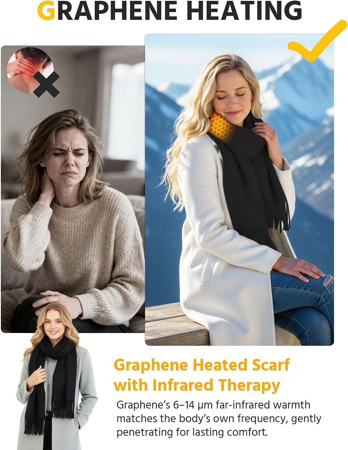 Wulcea Graphene Heated Scarf For Women 5V2A 6000mAh Fast Charge Large Capacity Battery
