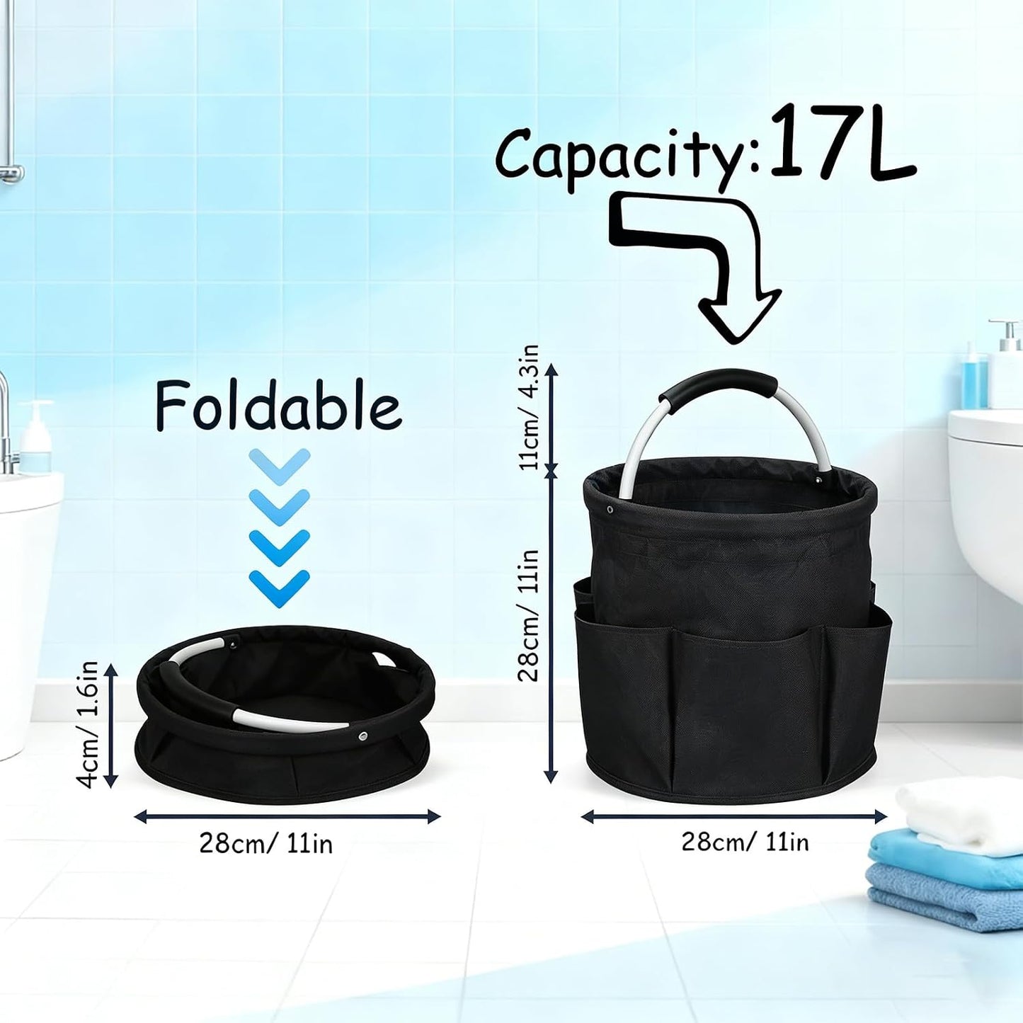 17L Cleaning Caddy with Handle, Portable Picnic Basket, Apple Picking Basket, Gift Basket, Collapsible Bathroom Storage Baskets for Dorm, Bathroom, Tool, Garden, Cleaning Supplies (Black)
