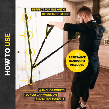 Door Anchor Strap for Resistance Bands with 5 Loops and Metal D-Rings | Fits most doors and resistance bands, 5 anchor points, reinforced nylon, tool-free setup, full-body workout versatility