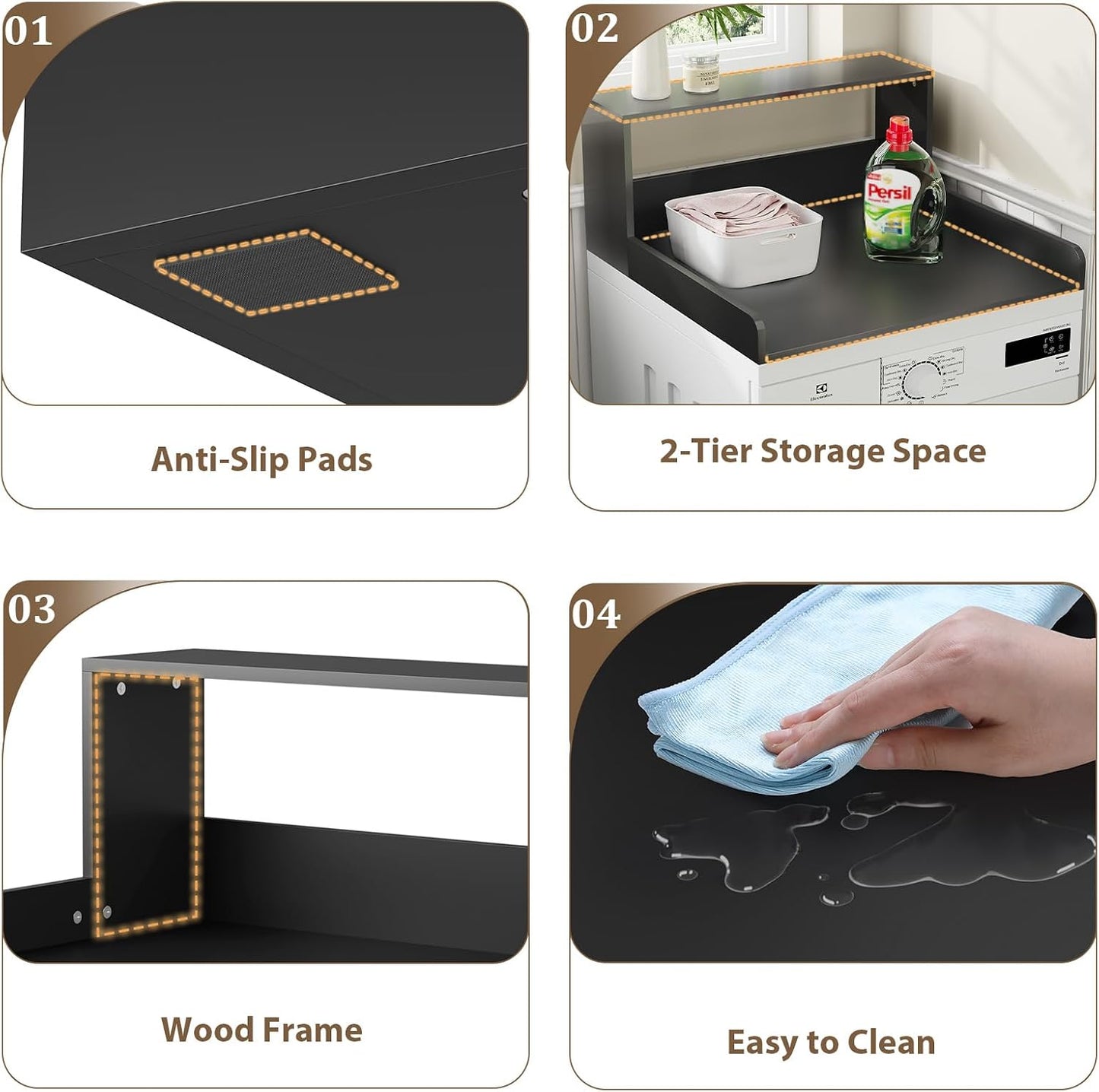 Washer Dryer Countertop with Shelf, 27.5" D x 27.5" W x 12.6" H, Sturdy Wood Frame, Countertop for Washer and Dryer, Non-Slip Pads & Edge Rails, Laundry Room Storage(Black)