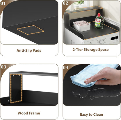 Washer Dryer Countertop with Shelf, 27.5" D x 27.5" W x 12.6" H, Sturdy Wood Frame, Countertop for Washer and Dryer, Non-Slip Pads & Edge Rails, Laundry Room Storage(Black)