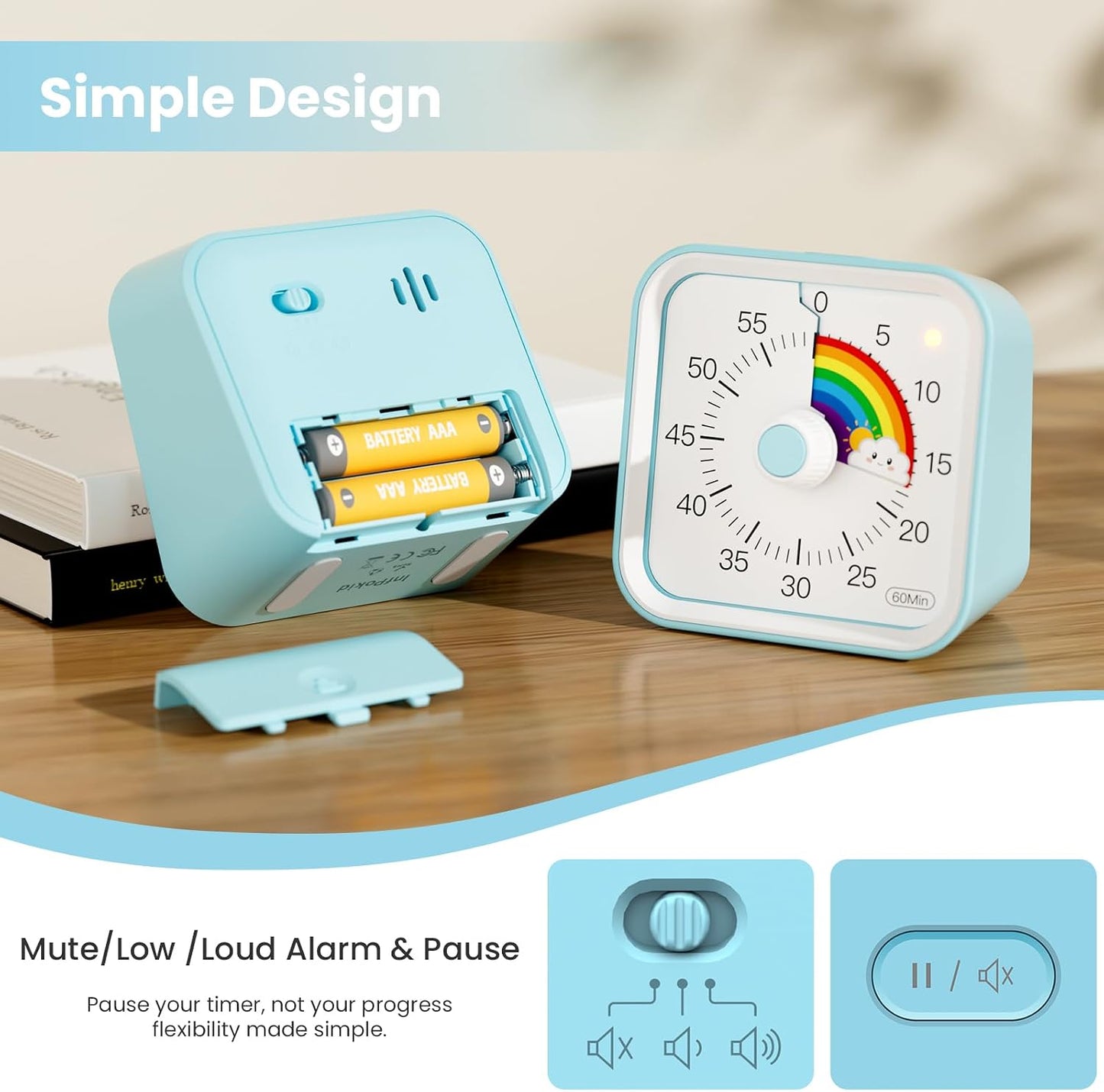 Visual Timer for Kids, Countdown Timer with Pause Function, White | Timer for Kitchen Cooking, Classroom, Study, Toddler, ADHD, Cute Timer Clock, Alarm 3 Volume Levels, Light Indicator