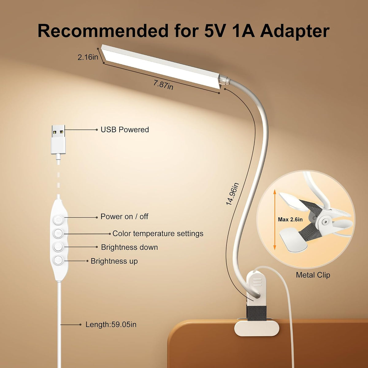 Vansuny Clip on LED Desk Lamp, Eye-Caring USB Reading Light for Home Office