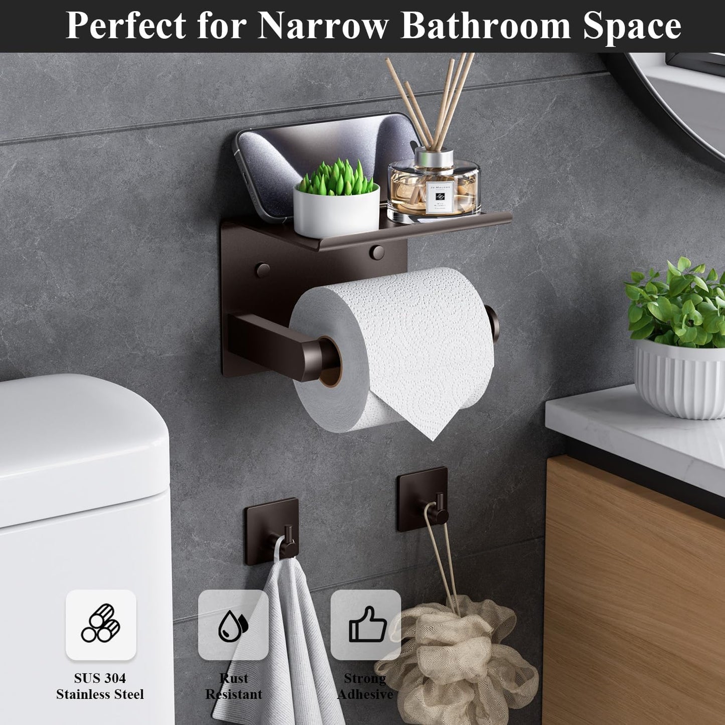 Tindbea Toilet Paper Holder Wall Mount + Towel Robe Hooks, Adhesive or Screw Wall Mounted Toilet Paper Roll Holder with Shelf, Stainless Steel Bathroom Organizers and Storage Kit (Brushed Gold)
