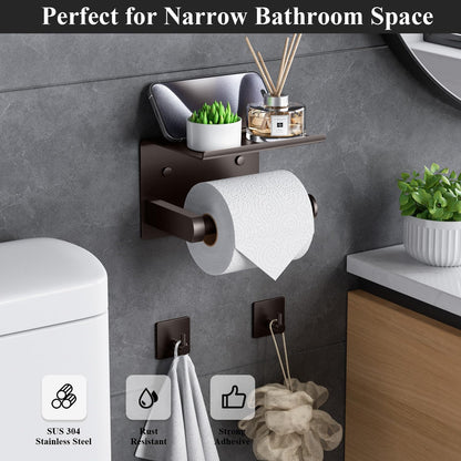 Tindbea Toilet Paper Holder Wall Mount + Towel Robe Hooks, Adhesive or Screw Wall Mounted Toilet Paper Roll Holder with Shelf, Stainless Steel Bathroom Organizers and Storage Kit (Brushed Gold)