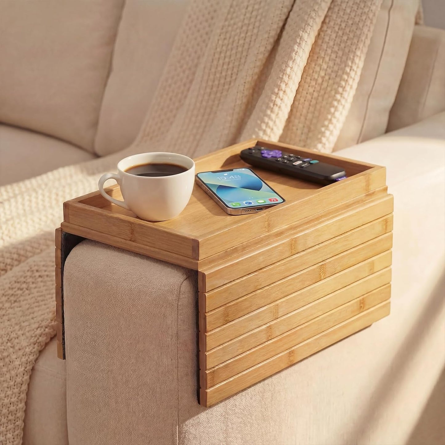 Sofa Arm Tray, Fits 6.5"+ Couch Armrest, Foldable Bamboo Large Storage Tray | Sturdy 12.5" x 5.8" Storage Compartment, Portable Chair Couch Caddy Arm Tray, For Cup TV Snacks Phone