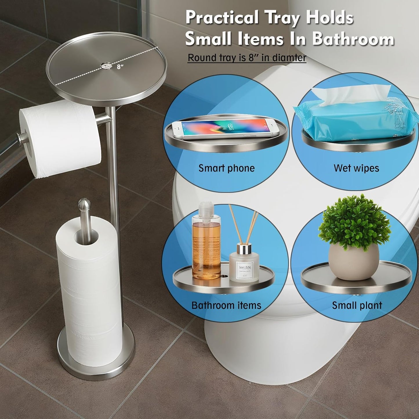 Gold Toilet Paper Holder with Shelf, Tissue Roll Holder Stand with Storage for Holding Extra 4 Toilet Paper Rolls, Stainless Steel Rustproof Freestanding (Brushed Gold)