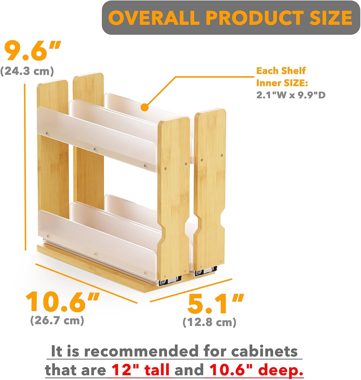 SpaceAid Bamboo Pull Out Spice Rack Organizer for Cabinet, Heavy Duty Slide Out Seasoning Kitchen Pantry Sliding Vertical Organization, 7.6" Wide, 3 Drawers(2" Wide), 2-Tier, Natural