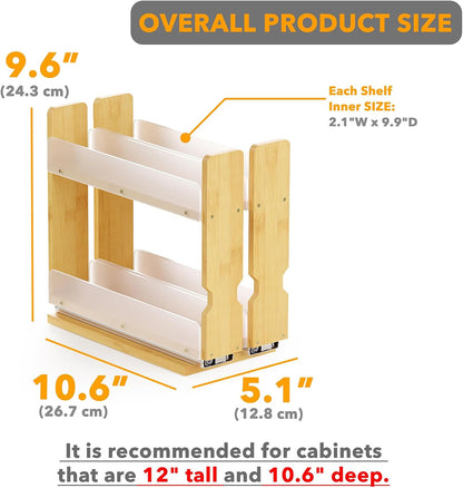 SpaceAid Bamboo Pull Out Spice Rack Organizer for Cabinet, Heavy Duty Slide Out Seasoning Kitchen Pantry Sliding Vertical Organization, 7.6" Wide, 3 Drawers(2" Wide), 2-Tier, Natural