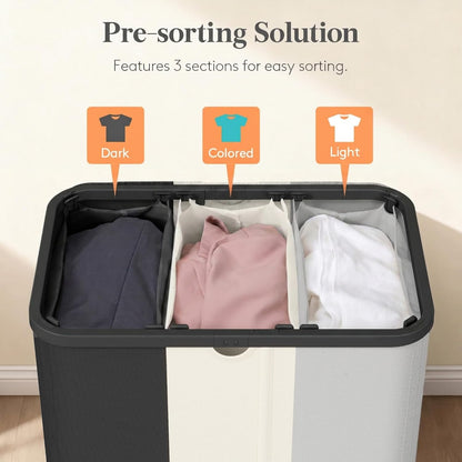 Lifewit 185L 3 Section Laundry Hamper with Lid, Laundry Basket, Beige | Large Foldable Laundry Sorter with 3 Removable Bags, Tall Clothes Hamper for Bedroom and Bathroom