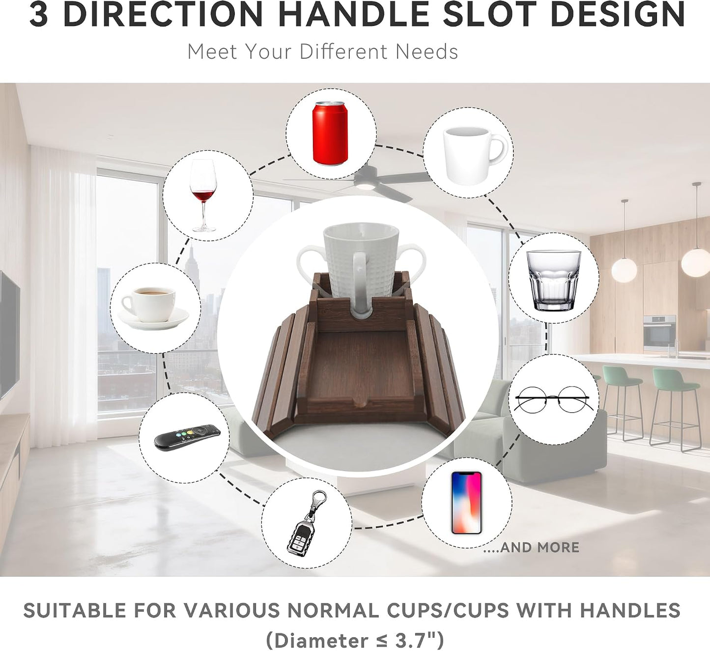 GEHE Bamboo Couch Cup Holder, Anti-Spill Sofa Arm Tray, Natural and Easy to Clean Couch Arm Cup Holder Armrest Tray Perfect for Cups, Beers, Snacks, Remote Control, Drinks
