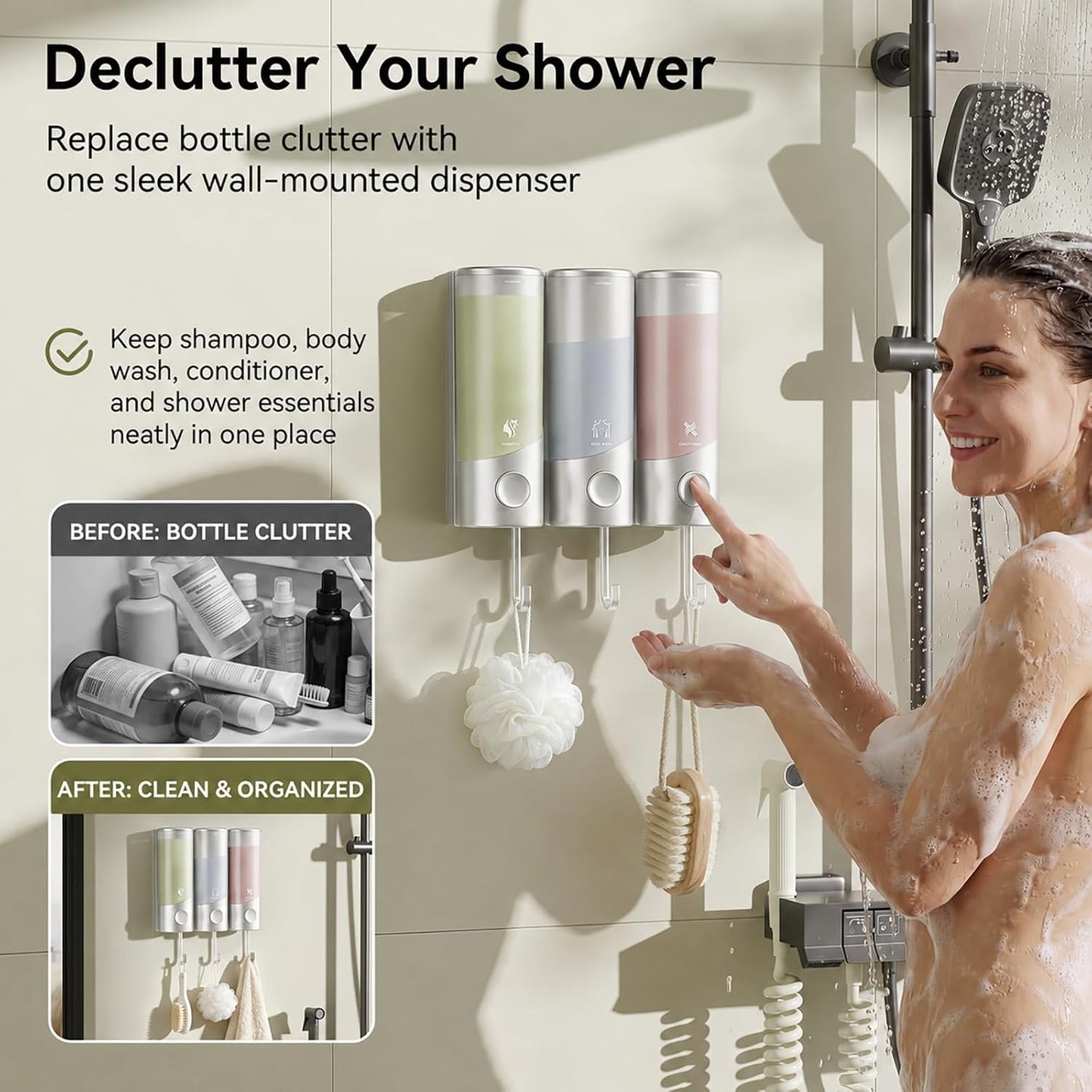Shampoo and Conditioner Dispenser Wall Mounted with Hooks, 3-Chamber 1200ML Shower Soap Dispenser, No-Drill Bathroom Shower Organizer for Shampoo, Conditioner, Body Wash（Gun Grey）