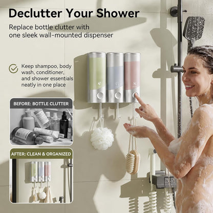 Shampoo and Conditioner Dispenser Wall Mounted with Hooks, 3-Chamber 1200ML Shower Soap Dispenser, No-Drill Bathroom Shower Organizer for Shampoo, Conditioner, Body Wash（Gun Grey）