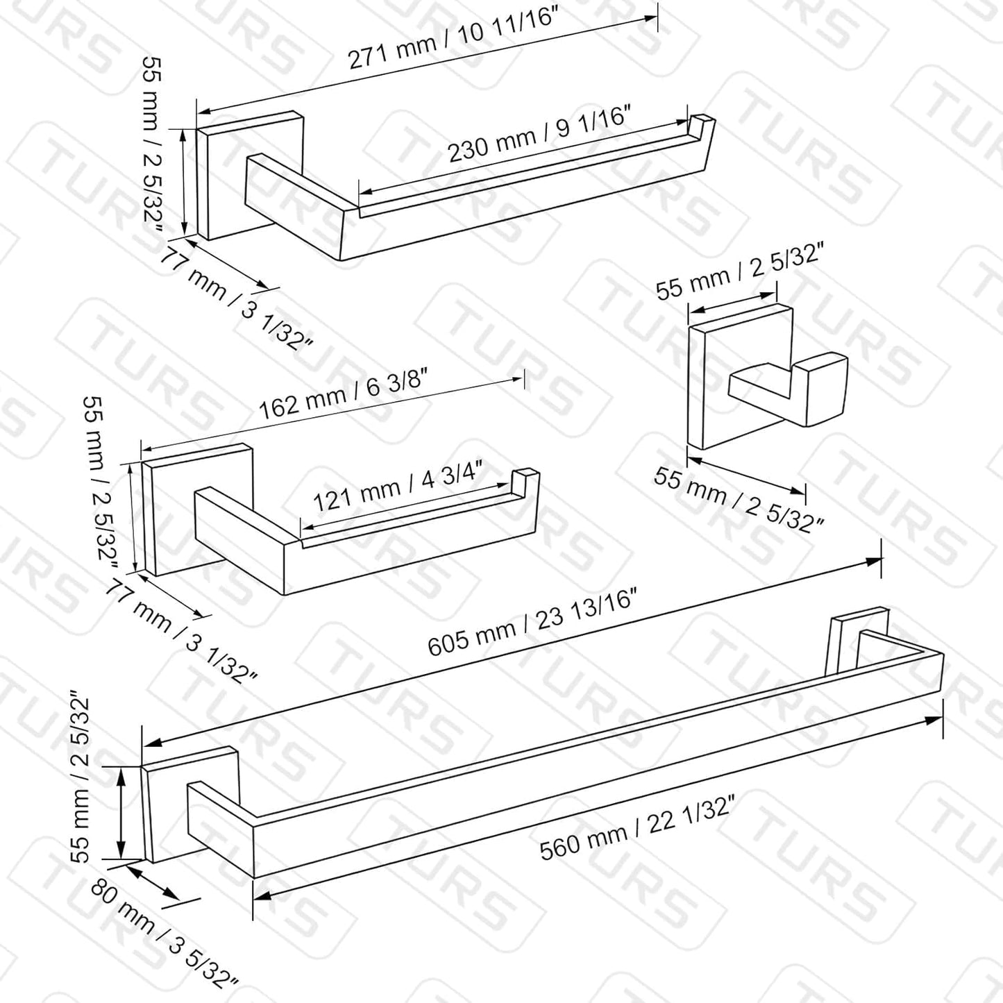 TURS Bathroom Hardware Set Black 4-Piece Towel Bar Set Include 24 Inch Towel Bar Hand Towel Holder Towel Hook Toilet Paper Holder with Shelf Wall Mounted Stainless Steel Bathroom Accessories Set