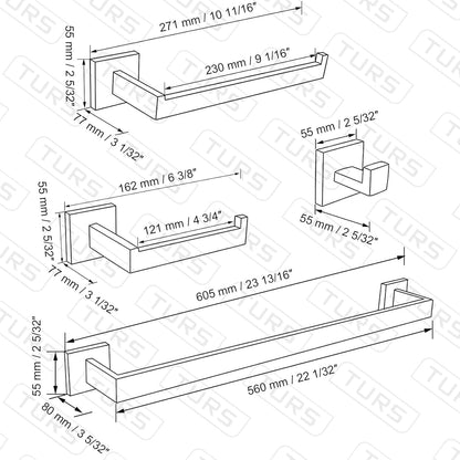TURS Bathroom Hardware Set Black 4-Piece Towel Bar Set Include 24 Inch Towel Bar Hand Towel Holder Towel Hook Toilet Paper Holder with Shelf Wall Mounted Stainless Steel Bathroom Accessories Set