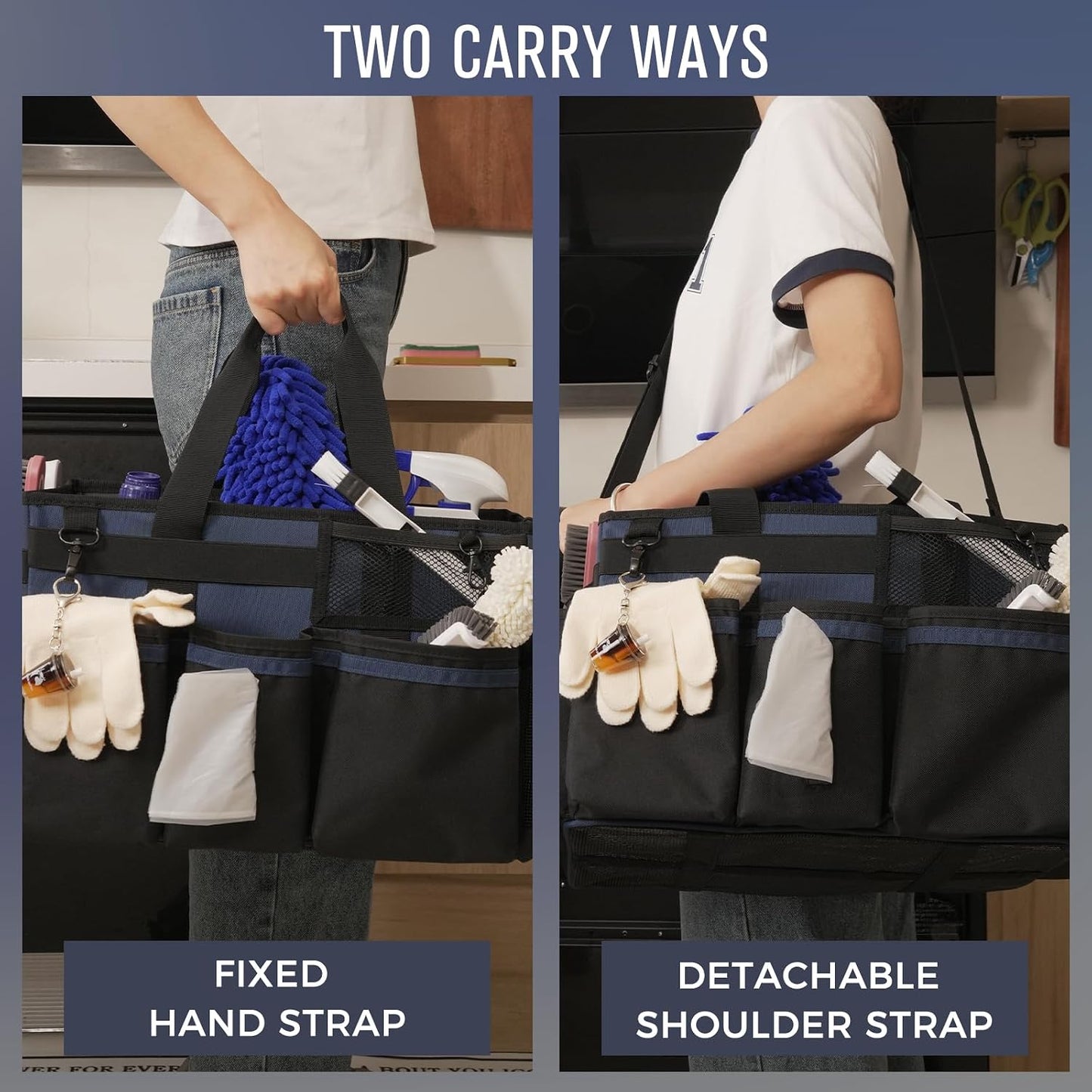 SCAVATA Wearable Cleaning Caddy, Cleaning Caddy Supplies Organizer with Handle & Shoulder Straps for Housekeepers, Under Sink & Car Cleaning Tool Organizers Bag with 4 Foldable Divider (NavyBlue)