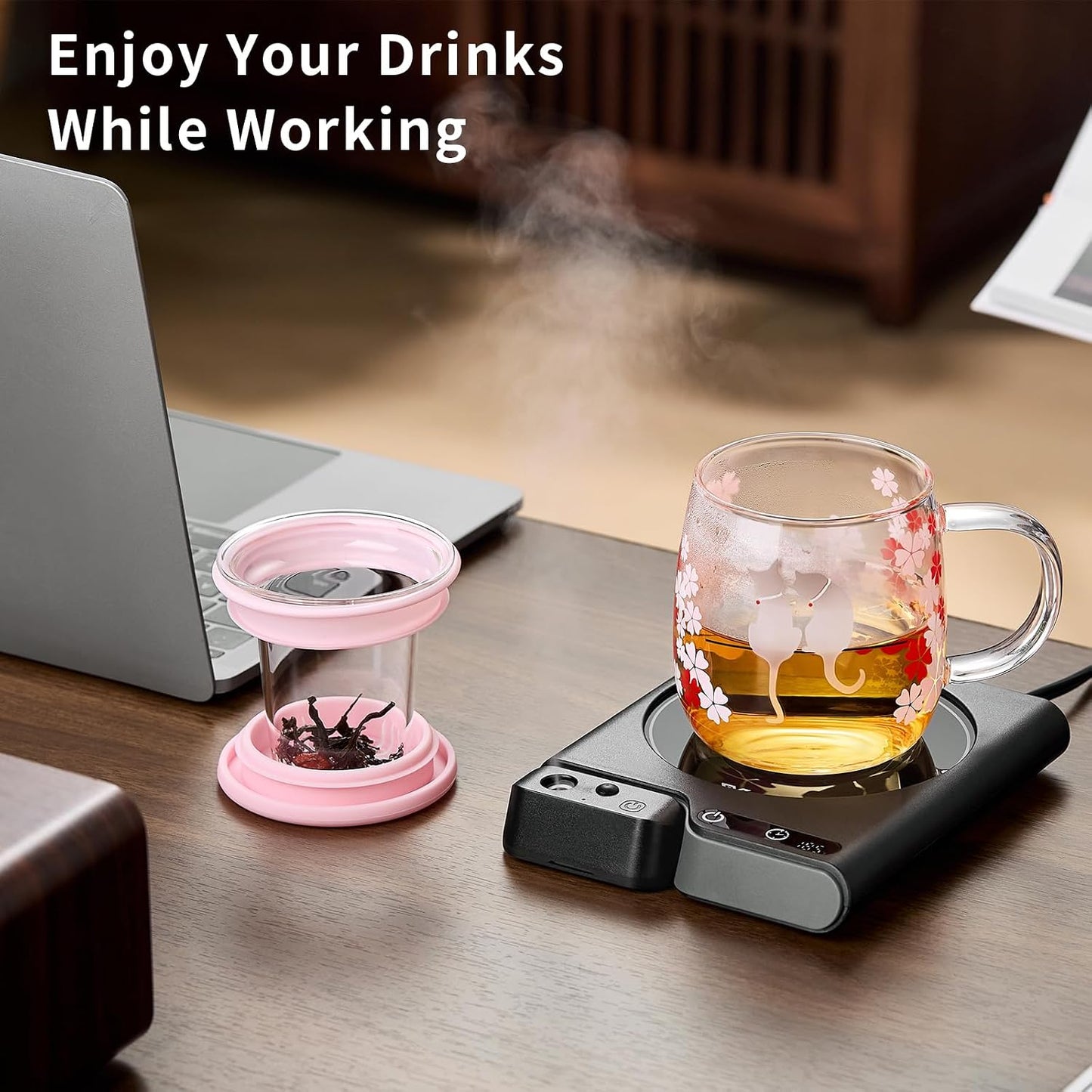 Mug Warmer with 4-Hour Auto Shut Off, 3 Temperature Settings, Frosted Black Rectangular Electric Beverage Heater, Borosilicate Glass Panel, 54-Inch Cord, Coffee Warmer for Desk, Tea Warmer