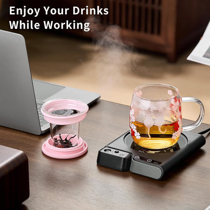Mug Warmer with 4-Hour Auto Shut Off, 3 Temperature Settings, Frosted Black Rectangular Electric Beverage Heater, Borosilicate Glass Panel, 54-Inch Cord, Coffee Warmer for Desk, Tea Warmer
