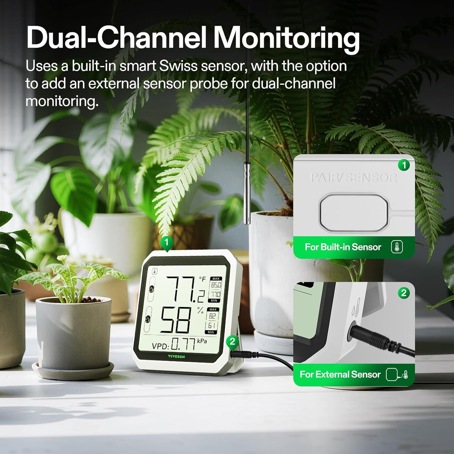 VIVOSUN Digital Hygrometer Thermometer, Humidity Meter with Probe, App | Wireless Bluetooth, Indoor, VPD, Data Storage, Dual Channels with Sensor Probe, Battery Included
