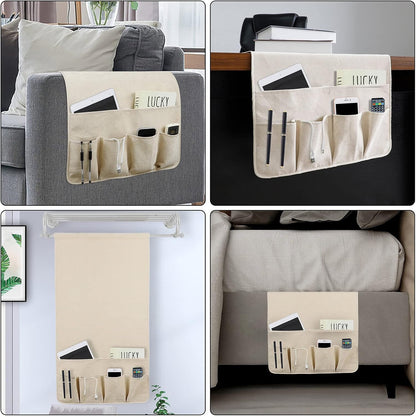 Remote Control Holders for Armchairs, Couch Caddy, Featuring Non-Slip Bases | 5 Pockets Bedside Storage Pocket for TV Remote Holder, Phone Tablet Kindle, Magazines, Gifts for Seniors (Beige, 35"X12.4")