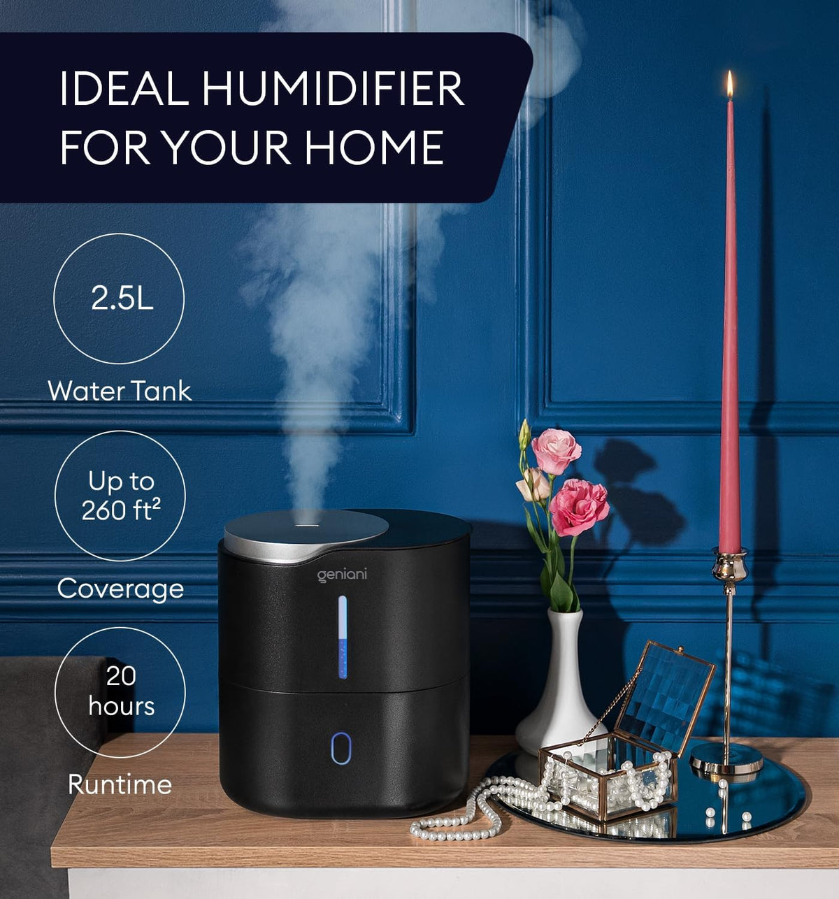 GENIANI Cool Mist Air Humidifiers for Bedroom, Plants, and Large Rooms - Quiet Humidifiers for Baby Room with Auto Shut Off & Night Light (3.9L, White)