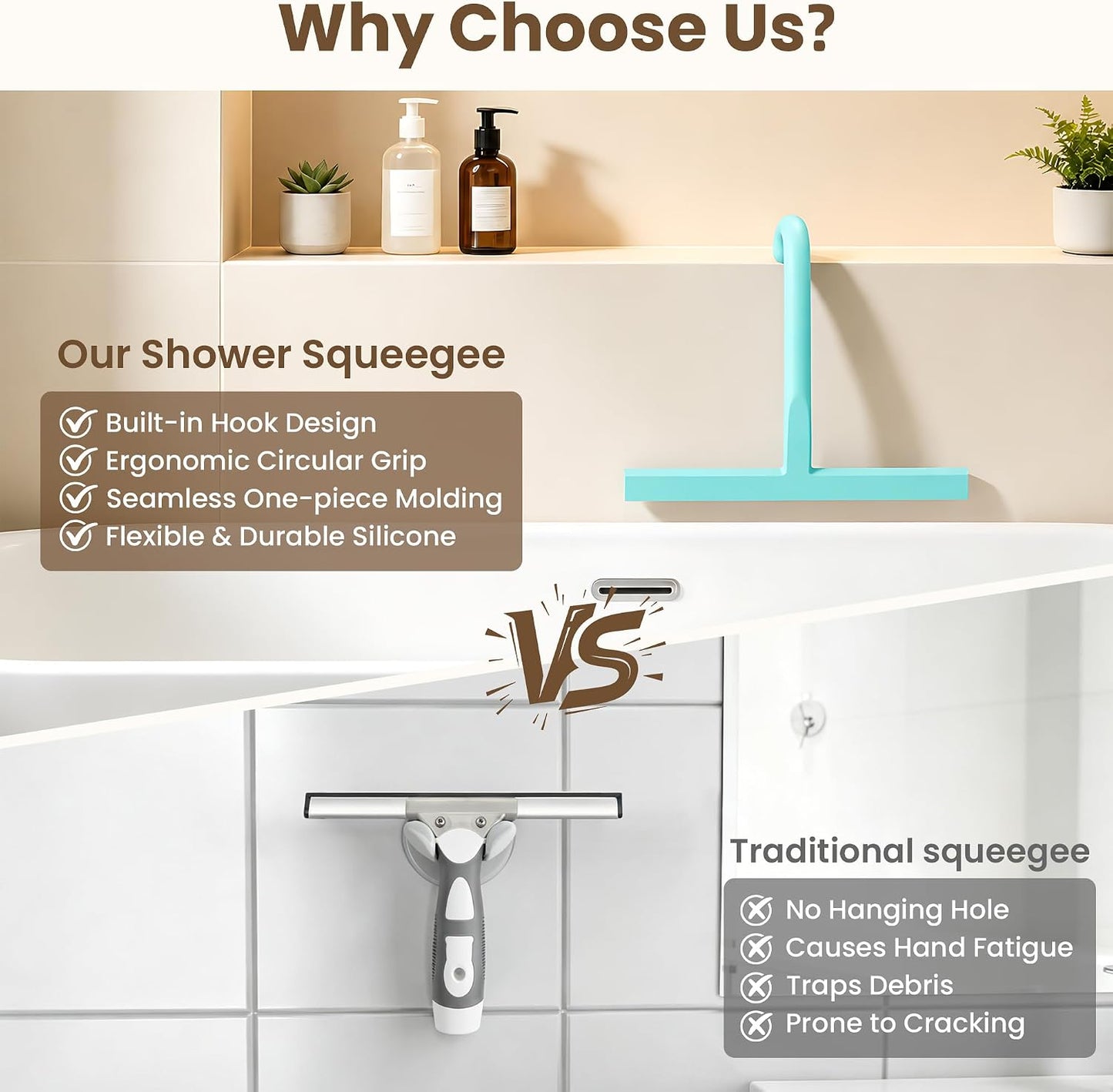 10 Inch Silicone Shower Squeegee for Glass Doors, Streak-Free, Black | No-Squeak Silicone Blade, Ergonomic Round Grip and Built-In Hook for Quick Daily Cleaning of Shower Glass, Tile and Windows