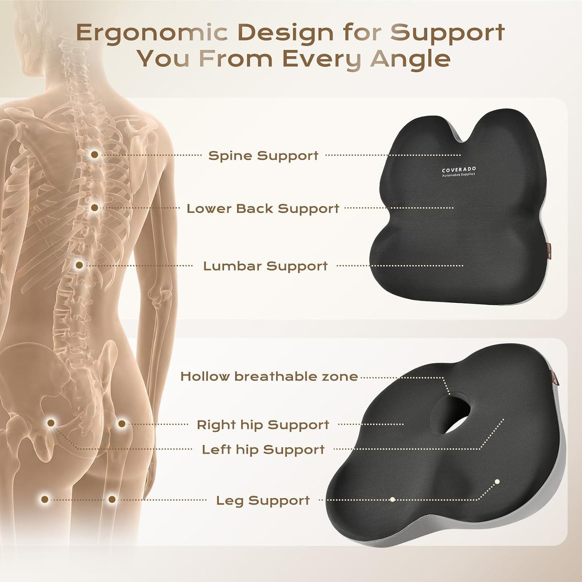 Coverado Lumbar Support Pillow and Seat Cushions for Office Chairs, Memory Foam Orthopedic Coccyx Cushion for Tailbone Pain Cushion Pillow & Back Pain Pressure Relief Seat Cushion Coffee&Beige