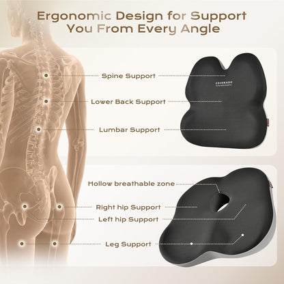 Coverado Lumbar Support Pillow and Seat Cushions for Office Chairs, Memory Foam Orthopedic Coccyx Cushion for Tailbone Pain Cushion Pillow & Back Pain Pressure Relief Seat Cushion Coffee&Beige
