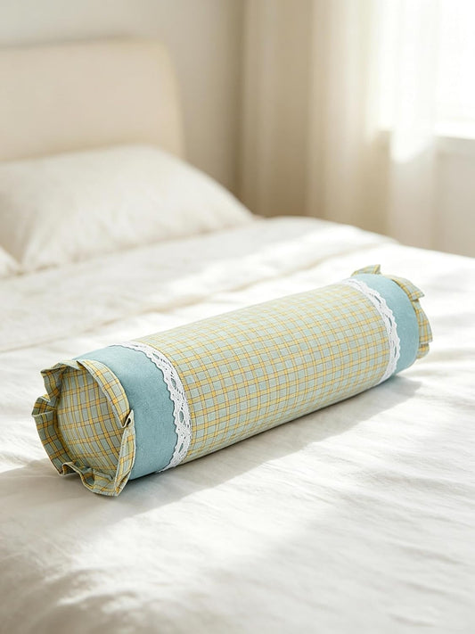 Buckwheat Neck Roll Pillow, Adjustable Bolster Cylinder Pillows with Plaid & Lace Trim Pillowcase, Firm Cervical Support Round Pillows Neck Pain Relief for Sleeping (16"x4",Blue)