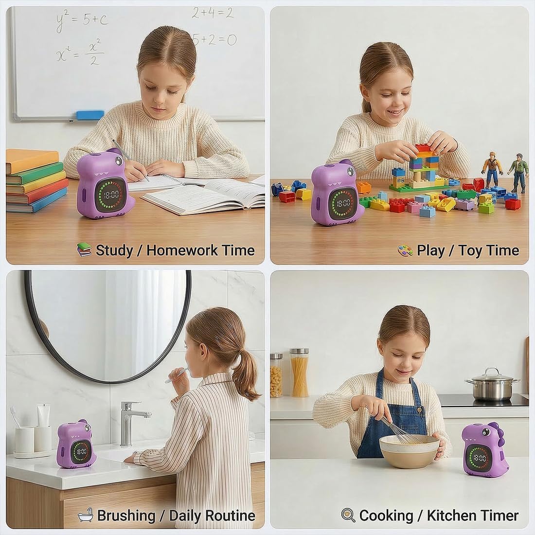 Pink Dinosaur Visual Timer for Kids, Girls Potty Training Timer | Color Countdown, Rechargeable, LED Screen, 99 Minute, Toddler, Children, Transition, 2-Min Toothbrush Setting, Hand Washing