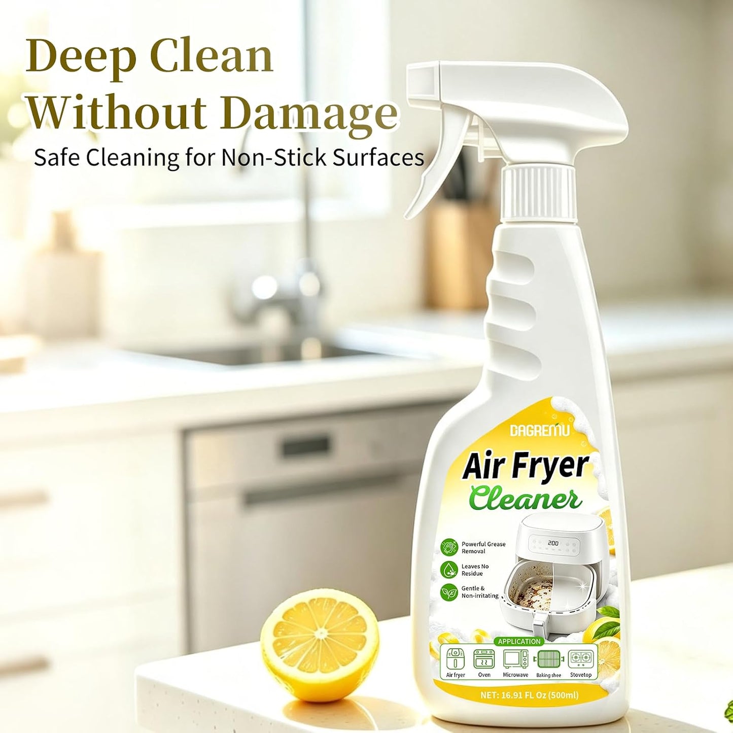 2-in-1 Air Fryer Foaming Cleaner Spray, Lemon Scent, 500ml | Heavy-Duty Degreaser & Grease Remover, Removes Baked-On Food & Oil, Non-Abrasive, Residue-Free