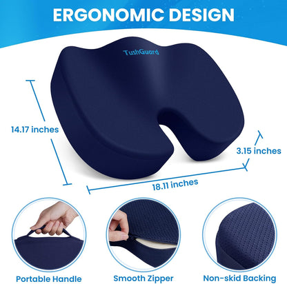 TushGuard Seat Cushion for Office Chair, Memory Foam Chair Cushion, Black | Office Chair Cushion for Car, Airplane - Chair Pad, Butt Pillow for Long Sitting Sciatica, Hip, Coccyx,Tailbone Pain Relief