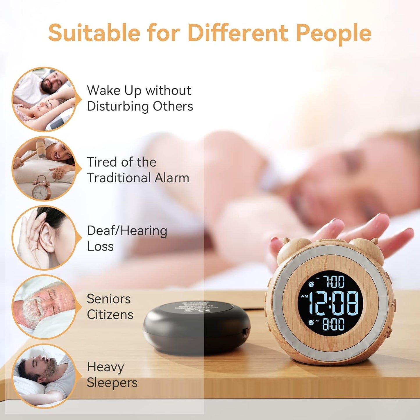 uscce Loud Dual Alarm Clock with Powerful Adjustable Bed Shaker | Vibrating Alarm Clock for Heavy Sleepers or Hearing Impaired - Easy to Set Alarm Clock with 0-100% Dimmer & Battery Backup