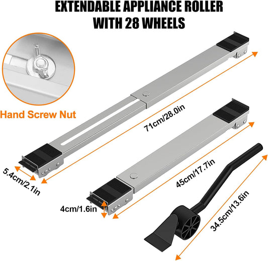 Appliance Rollers With 360° Swive Wheels, Anti Slip Heavy Duty Extendable Mover Tools with 28 Roller & Lifting Lever Tool For Moving Washing Machines, Dryers, Furniture, Refrigerators Base Stand