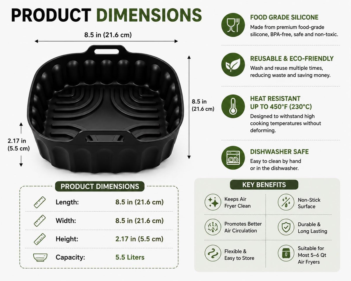 Silicone Air Fryer Liner for 5–6 Qt Air Fryers, Reusable Food-Grade Silicone Basket, Nonstick, Dishwasher Safe, Black