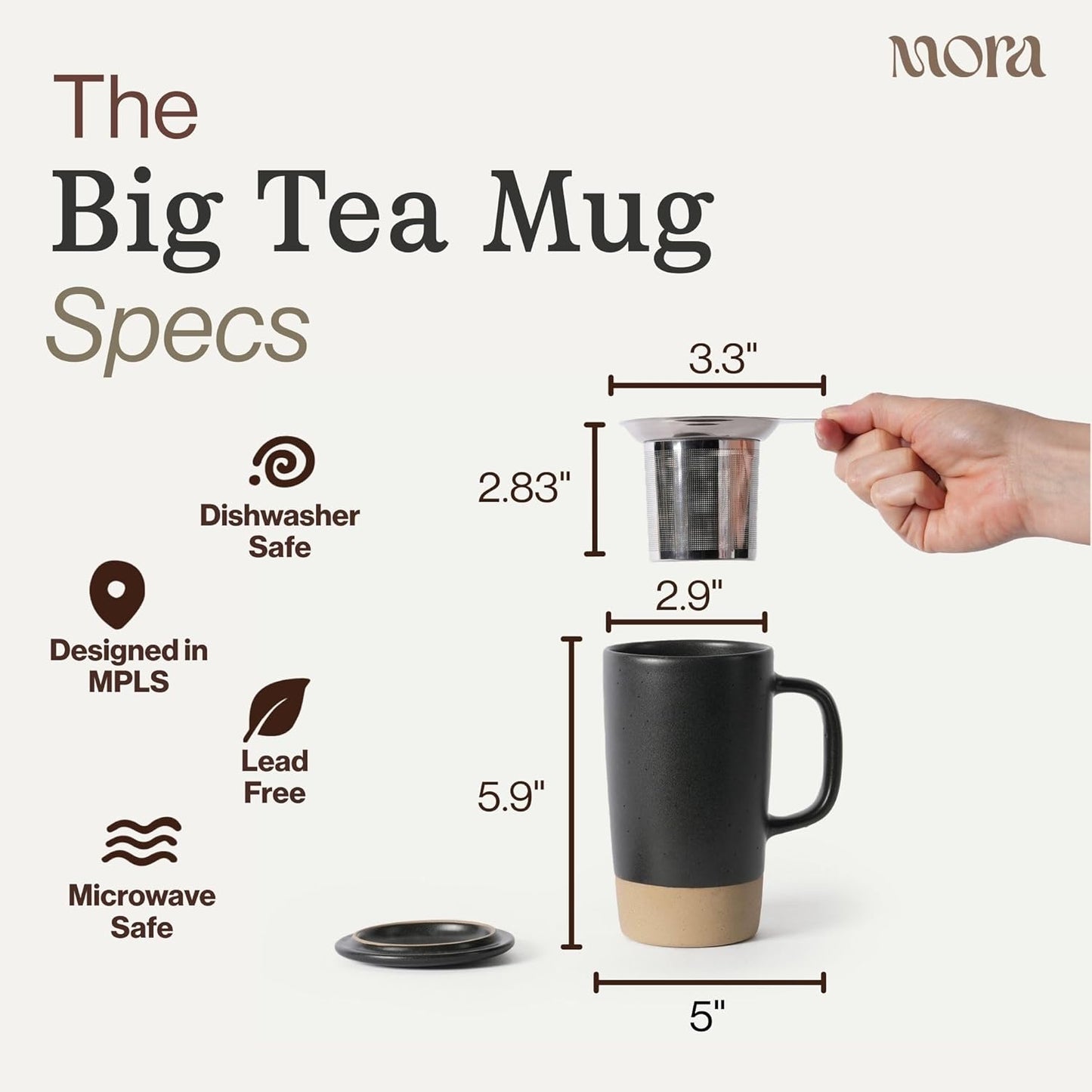 Mora Ceramics Large Tea Mug with Loose Leaf Infuser and Ceramic Lid, 18 oz, Portable, Microwave and Dishwasher Safe, Tall Coffee Cup - Rustic Matte Ceramic Glaze, Modern Herbal Tea Strainer, Olive