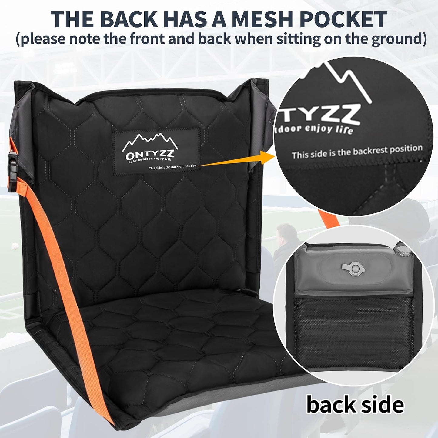Stadium Seats with Back Support Inflatable Portable Folding Seat | Waterproof Cushion with Backrest for Sports Events Stadium and Camping, Black Heated Version