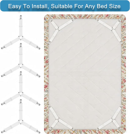 4 Pack Bed Sheet Holder Straps, Sheet Fastaner for Fitted Sheets | Adjustable Elastic Sheet Keepers with Metal Clips, Keep in Place Fitted Bedding Straps, Firm Tight Suspenders for Mattress