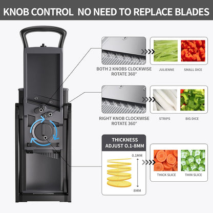 QYKIC Safe Mandoline Slicer Pro for Kitchen, Adjustable Chopper 6 in 1 | Potato Slicer Onion Chopper Fry Cutter Julienne Dicer Large Chute Stainless Steel Blades Detachable Dishwasher Safe Gifts