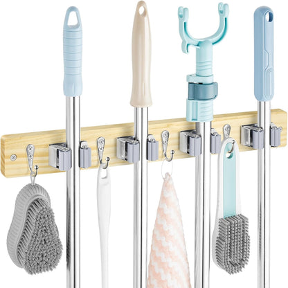 OUTNILI Mop and Broom Holder Wall Mount - Wood Broom Mop Hanger - Wall Mounted Garden Tool Rack Organizer for Closet Garage Laundry Room, Rustic Kitchen Decor With 4 Slots & 4 Hooks