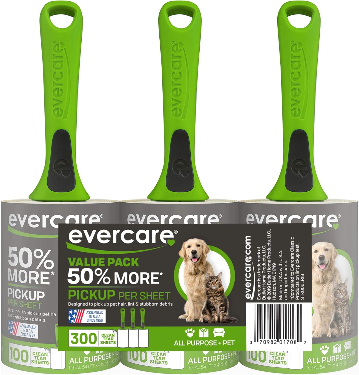 Evercare Pet Hair Lint Rollers All Purpose Use 100 Easy-Tear Sheets Per Roll Reusable Sticky Roller Pets Cat & Dog Hair Remover Contoured Handle For Furniture Clothing & Cars, Set of 3, Green