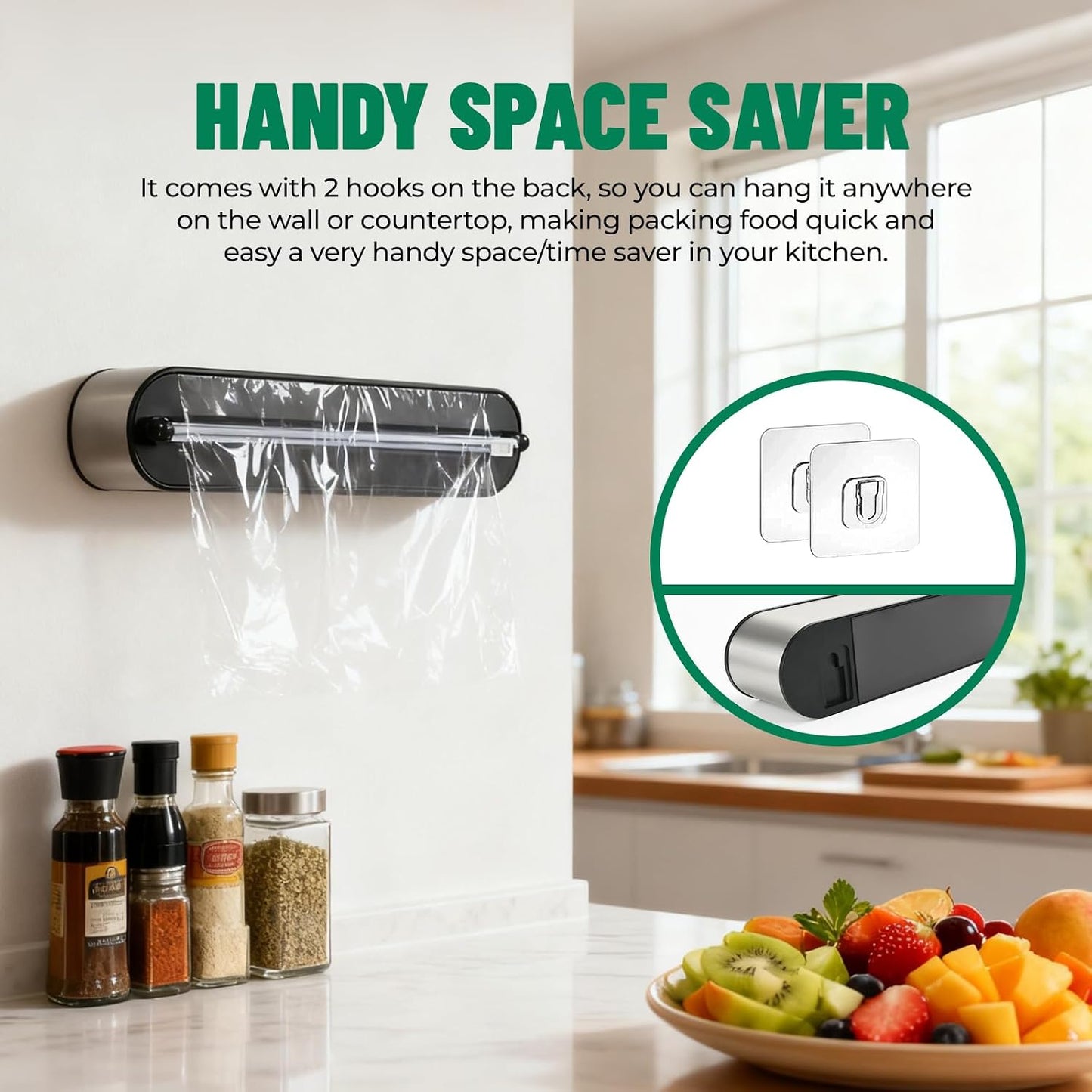 Stainless Steel & Plastic Wrap Dispenser with Cutter, Magnetic No-Drill Wall Mount Aluminum Foil Holder with Slide Cutter, for Cabinets, Space-Saving Kitchen Organizer (Silvery-Stainless Steel)