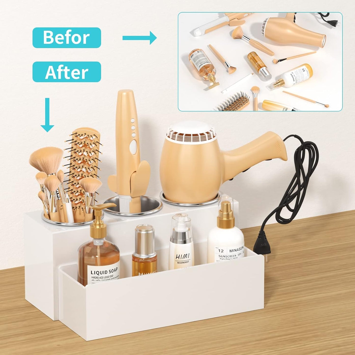 Hair Tool Organizer, Acrylic Hair Dryer Holder, Bathroom Countertop Blow Dryer Stand Storage, Vanity Organizer for Accessories, Makeup, Flat Irons, Curling Irons, and Toiletries (White)