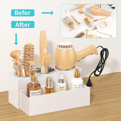 Hair Tool Organizer, Acrylic Hair Dryer Holder, Bathroom Countertop Blow Dryer Stand Storage, Vanity Organizer for Accessories, Makeup, Flat Irons, Curling Irons, and Toiletries (White)