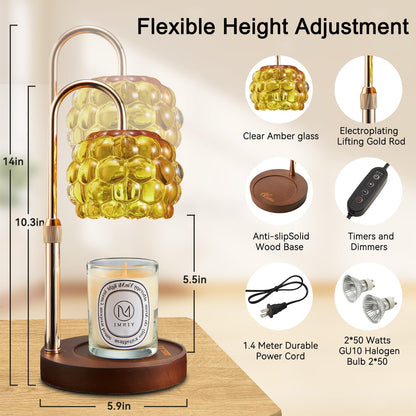 Candle Warmer Lamp with Timer Adjustable - Height Candle Warmer, Dimmer, Black Glass Wax Melting Lamps for Home Decor, for Candles in Jars with 2 Bulbs